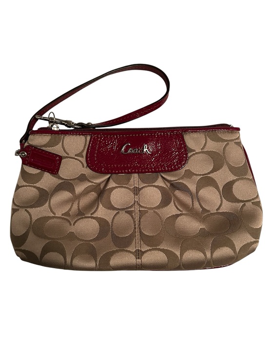 Coach Handbags - Coach Tan Signature Canvas Wristlet with Red Trim and Strap